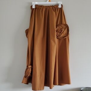 Women's Bohemian Unique Brown Maxi Skirt With Floral Accents And Pockets Sz S
